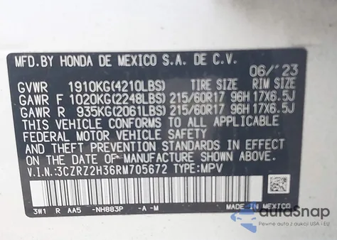 2024 Honda Hr-V Awd Lx из США, поврежденный, VIN 3CZRZ2H36RM705672